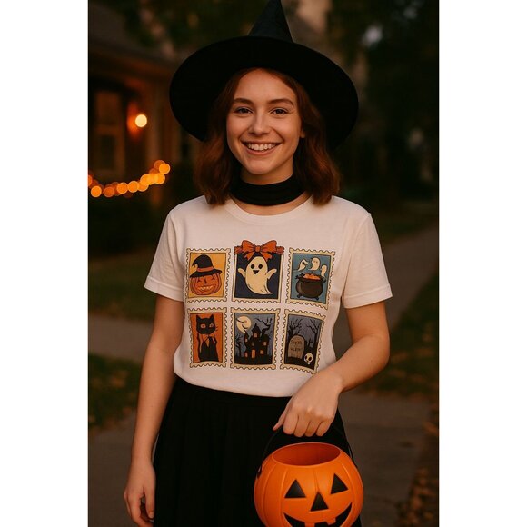 Halloween Postage Stamp Large White Graphic Tee features a Witch, Ghost, Haunted - Picture 2 of 6